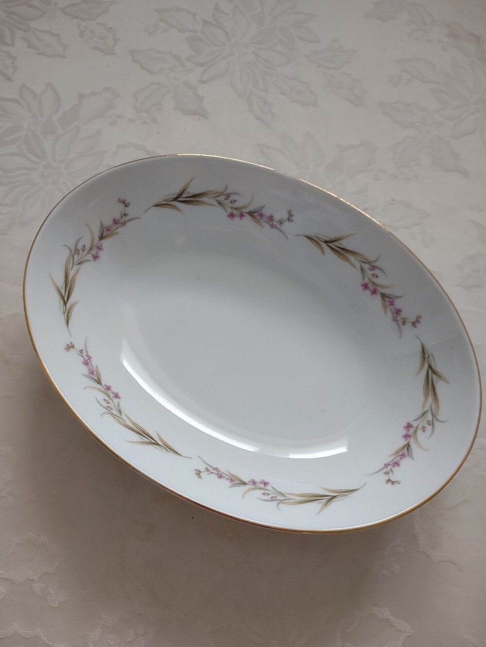 Japan Oval large Bowl Pink Flower Painted Prestige